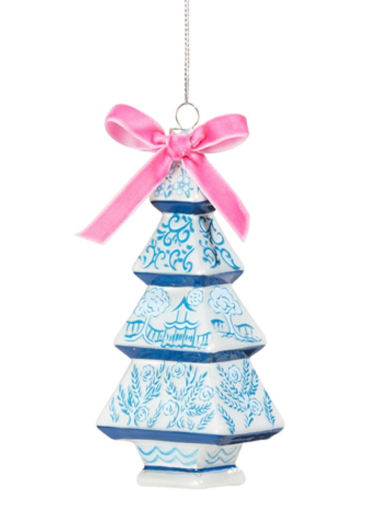 Chinoiserie Grandmillenial Blue and White Pagoda Tree with Pink Bow Ornament