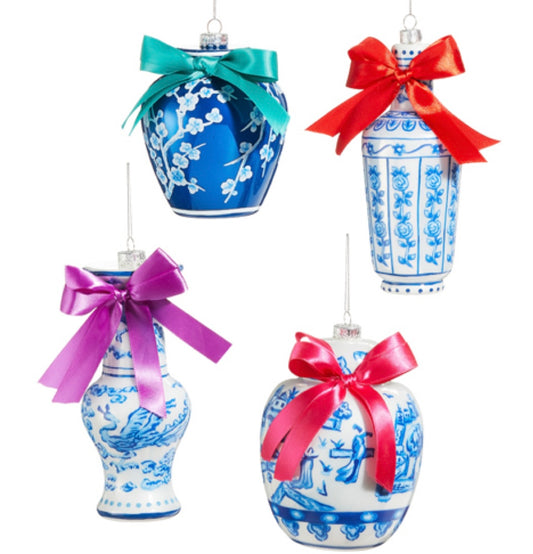Set of Blue and White Chinoiserie Grandmillenial Ginger Jar Ornaments with Bows